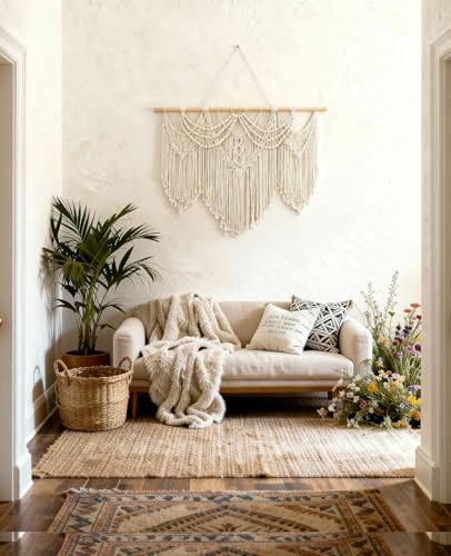 Large Macrame Wall Hanging 43x32 - Boho Woven Cotton Tapestry Art