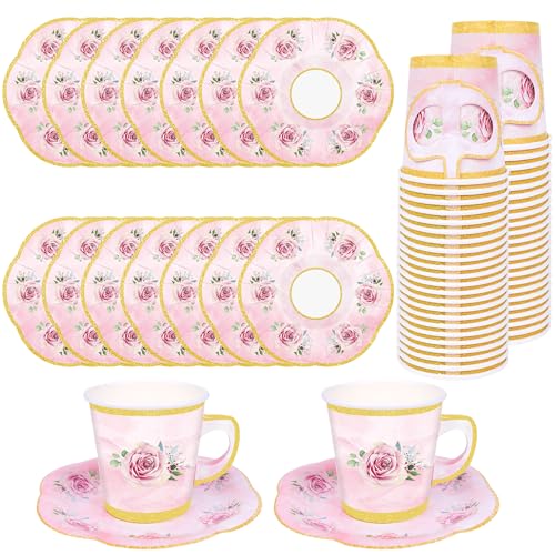 50 Pcs Pink Floral Disposable Tea Cups & Saucer Sets with Gold Rim for Parties - Serve 25 Guests