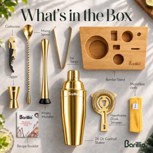 Gold Bartender Kit - 10-Piece Cocktail Shaker Set with Bamboo Stand, Mixology Tools