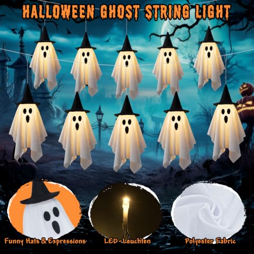 12.5ft Halloween Ghost String Lights with Hats - 8 Modes LED Garland