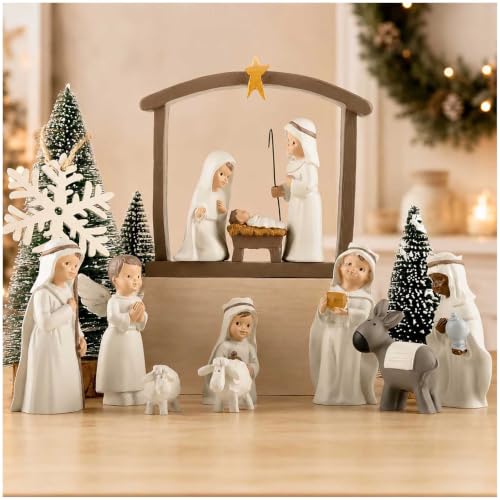Nativity Set 12-Piece Resin Indoor Christmas Manger Scene - Off-White, 5 inch
