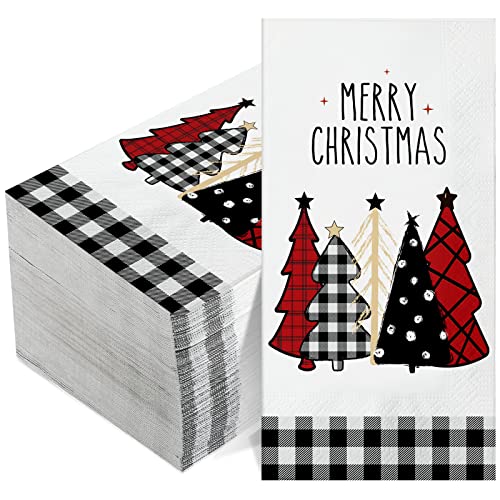 Christmas Paper Napkins Bulk - Watercolor Tree & Buffalo Plaid Design, 100 Pack