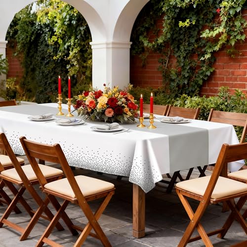 White and Silver Disposable Tablecloths 2 Pack 54x108 Inch for Party Decorations