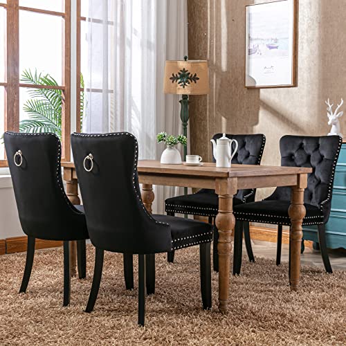 Set of 4 Black Velvet Dining Chairs, Tufted Upholstered Wing Back Chairs