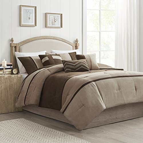 Cozy Faux Suede Striped Queen Comforter Set, 7pc - Lightweight & Machine Washable