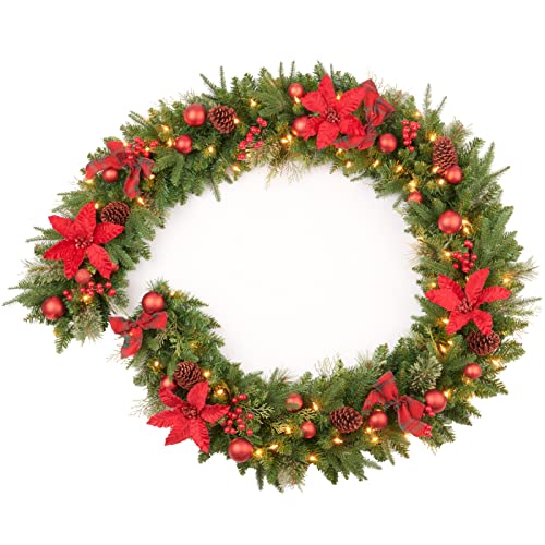 9Ft Red Poinsettia Christmas Garland with Lights - Pre-lit Holiday Decor for Indoor Outdoor, Plug-In, AMERZEST