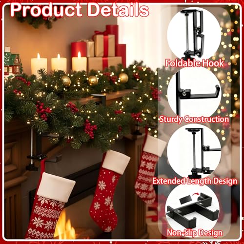 2-in-1 Adjustable Mantel Garland and Stocking Holders, Heavy-Duty No-Drill Hooks