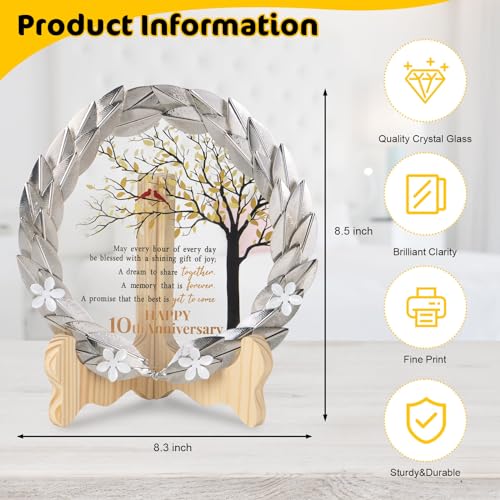 10th Anniversary Wedding Gift Crystal Plaque with Golden Metal Wreath