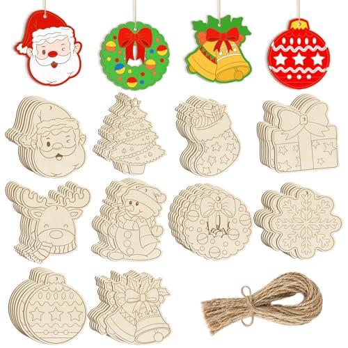 Sophena 80Pcs Wooden Christmas Ornaments Set – 10 DIY Blank Shapes incl. Reindeer, Santa, Tree, Ball, Snowflake, Wreath (Wreath Variant)