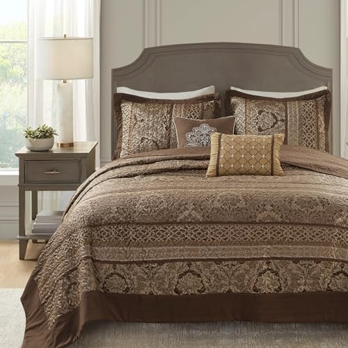 Madison Park King Bedspread Set - 5-Piece Brown Jacquard Damask Quilt