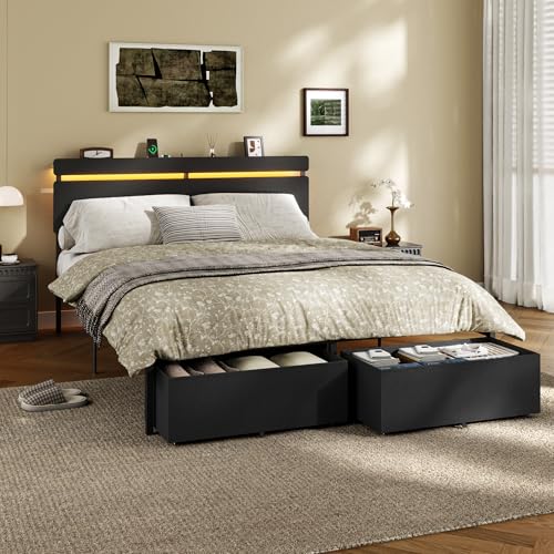 Queen Bed Frame with Storage Drawers, LED Lights & Charging Station