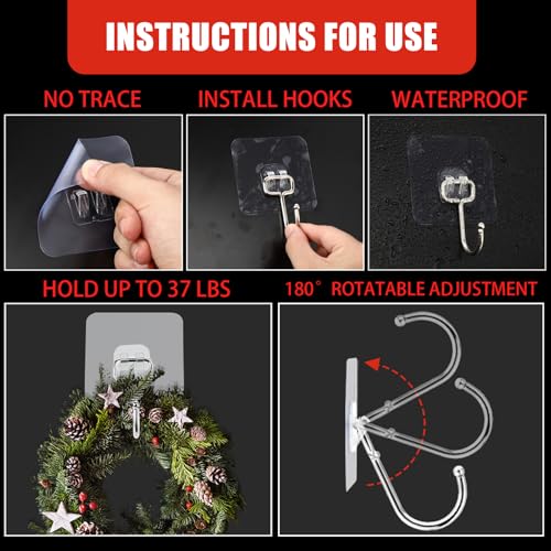 Anglechic 25 Packs 37 Lb Adhesive Christmas Wreath Hooks, Clear 2.64in