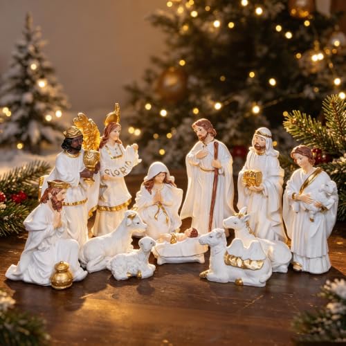 Nativity Set 12 Pcs Christmas Figures, 6 inch White Indoor Catholic Manger Scene (Aunniqum)