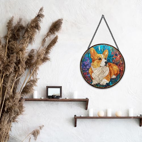 Corgi Flower Stained Glass Suncatcher - 7.9 Inch Window Decor