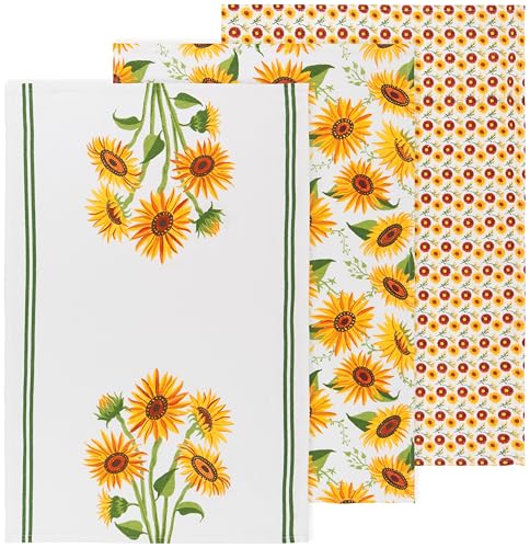 Sunflower Floursack Kitchen Towels, 100% Cotton, 20x30 Inch, 3-Piece Set