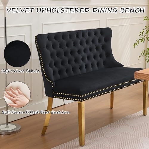 Velvet Upholstered Dining Bench with Back, 46-inch Tufted Loveseat with Gold Legs