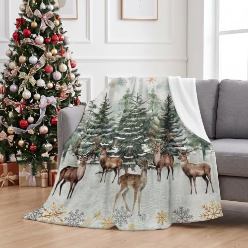 Gift-Forest Deer Blanket 50x60in Green Christmas Tree Elk Throw – All Seasons Flannel