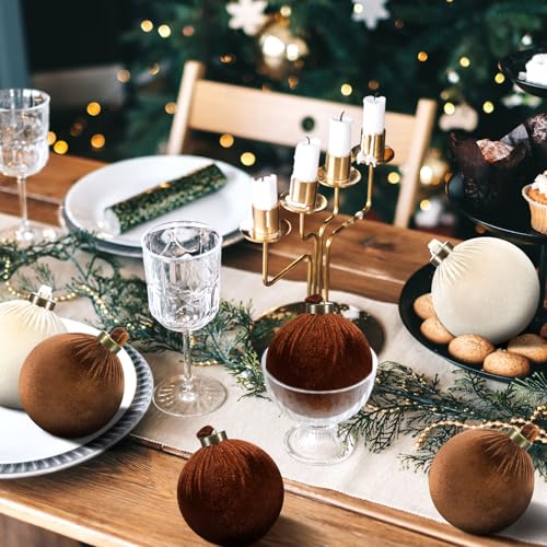 Christmas Velvet Ball Ornaments - Beige, Light Brown & Dark Brown, 4 Inches, 6 Pack