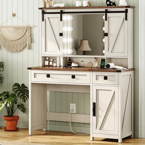 Farmhouse Makeup Vanity Desk with Mirror, Lights, and Charging Station
