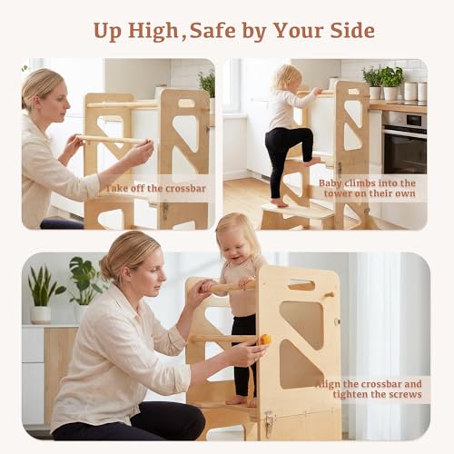 4-in-1 Foldable Toddler Learning Tower, Anti-Tip Kitchen Helper Stool