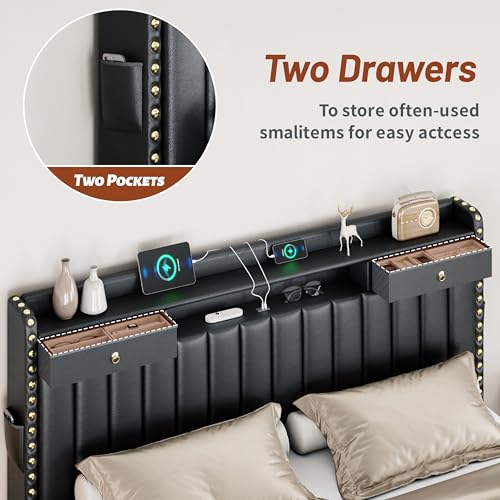 King Size Upholstered Bed Frame with Storage Drawers & Charging Ports