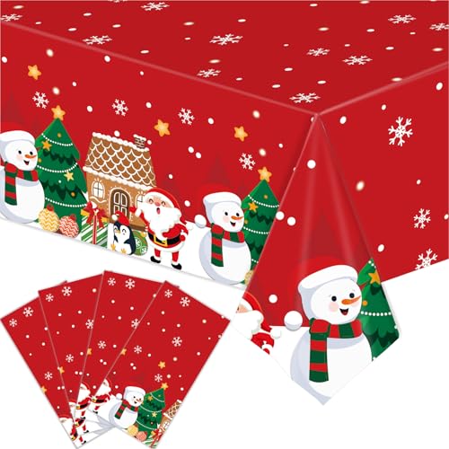 Christmas Plastic Tablecloths 4-Pack 54x108 Inches Red Holiday Party Cover