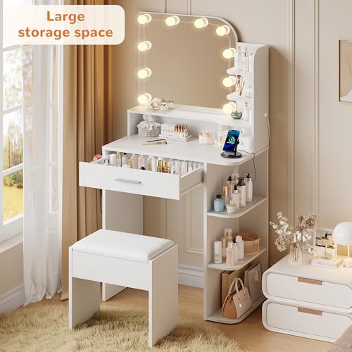 Small Makeup Vanity Desk with Mirror, Lights, Stool, and Charging Station