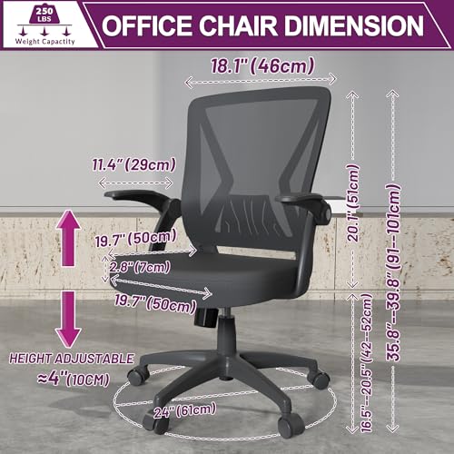 Swivel Ergonomic Mesh Mid Back Office Desk Chair with Height Adjustable Flip Up Armrests and Wheels for Adult Home Study