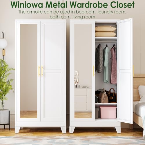 71" Metal Wardrobe Closet with Mirror, Freestanding Steel Clothing Armoire