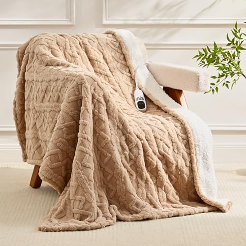 EDENLUNE Beige 50x60-inch Electric Heated Throw Blanket with 9 Heat Levels, Timer & Sherpa Fabric