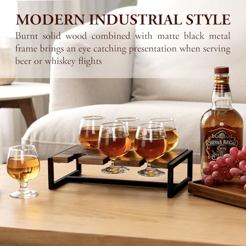 Burnt Wood Beer & Whiskey Flight Tasting Set with 6 Glasses & Tray