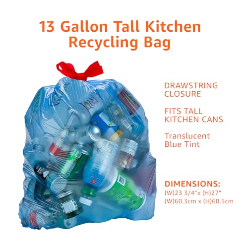 13 Gallon Blue Recycling Drawstring Trash Bags - Tall Kitchen, 60 Count