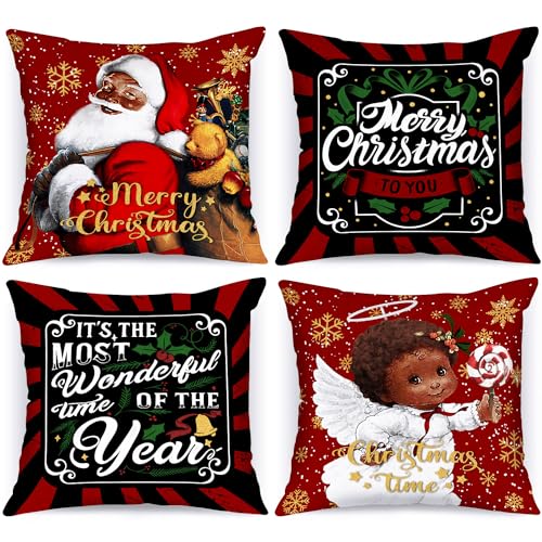 Lanpn Black Santa Christmas Pillow Covers Set of 4 18x18 Inches Holiday Decor