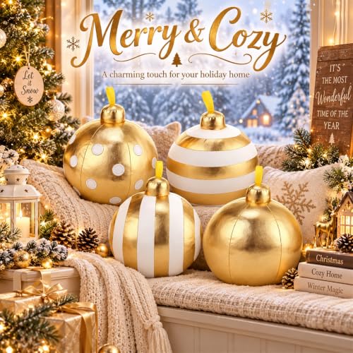 Beeveer 4 Pcs Gold Christmas Ball Ornament Pillows – 6" Set (Gold)