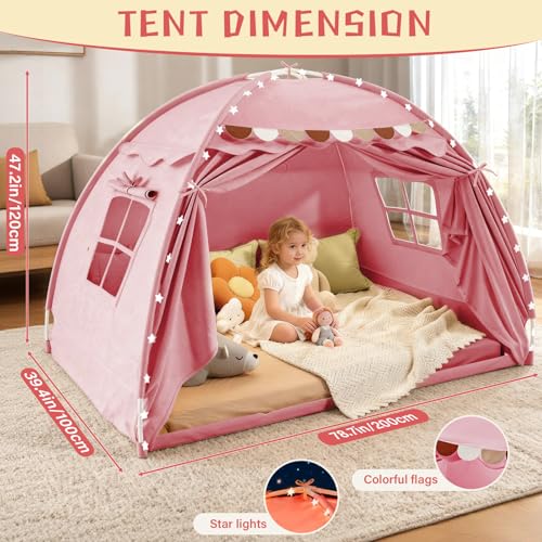Indoor Twin Bed Tent Canopy for Kids with Star Lights & Flags, Pink