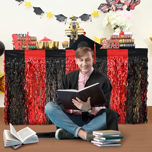 4 Pack Metallic Foil Fringe Table Skirts, Red and Black Graduation Decor