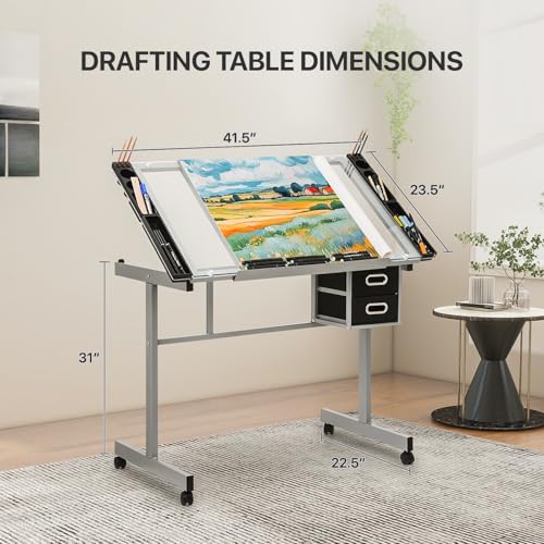Adjustable Tilting Glass Drafting Table with Storage Drawers & Trays