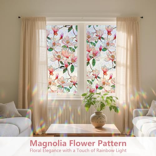 Stained Glass Window Privacy Film - Floral Design, 17.5" x 78.7"