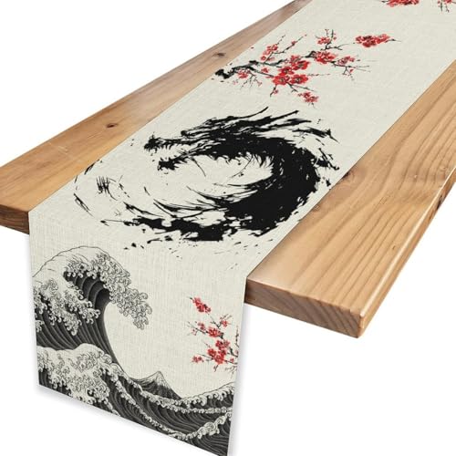 Drapeloft 13"x36" Dragon Red Plum Sea Wave Table Runner - Japanese Dragon Pattern