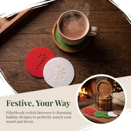 RIIOSUUON Christmas Atmosphere Coasters Set of 6 with Holder – Absorbent Felt, Replaceable Pads