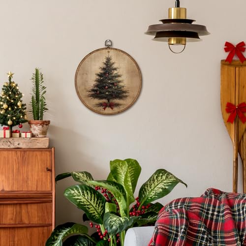 Voxitura Vintage Winter Christmas Tree Wall Art Round Framed - Coquette Bow 10x10in (Tree Bow Variation)