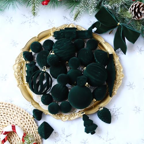 42Pcs Velvet Green Christmas Ball Ornaments Set, Flocked Shatterproof Xmas Ornaments