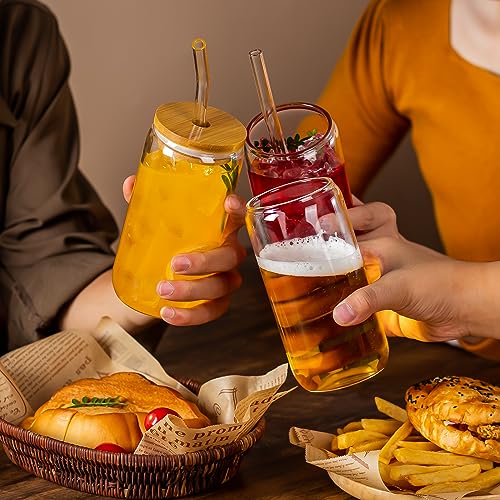 16 Oz Glass Can Cups with Bamboo Lids and Straws - 6 Piece Set