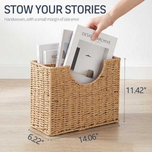 Woven Paper Rope Magazine Holder - Narrow Boho Organizer with Handle