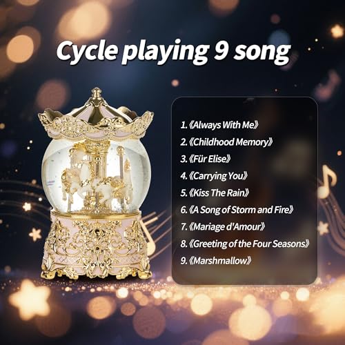 Carousel Musical Snow Globe Princess Unicorn Light Pink Music Box Gift for Girls Women Kids