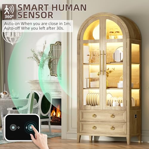 71-Inch Arched Curio Cabinet with LED Lights, 4-Tier Display & 2 Drawers