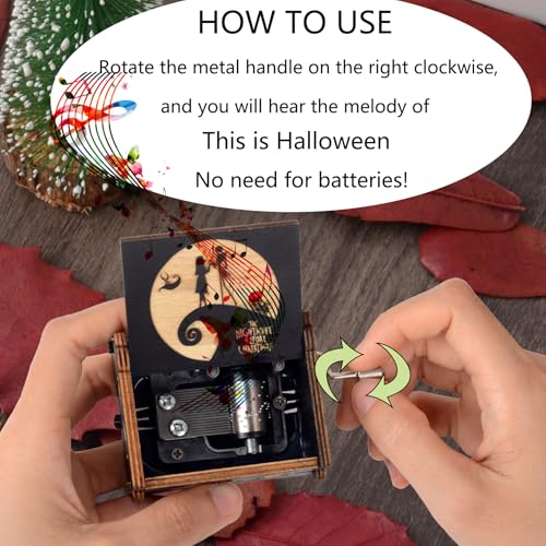 Vintage Wooden Hand Crank Music Box, Laser Engraved Spooky Melody Gift