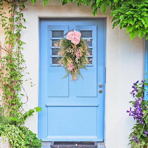 19.7-Inch Artificial Rose and Berry Teardrop Swag for Front Door Decor