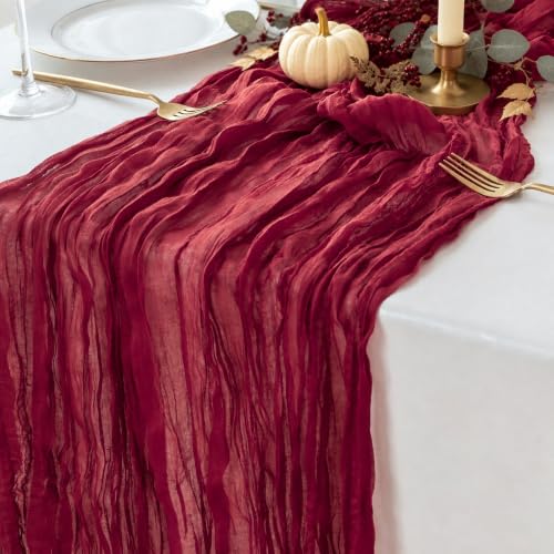 Sioloc Burgundy Red Cheesecloth Table Runner 10ft Fall Autumn Decor for Weddings & Parties