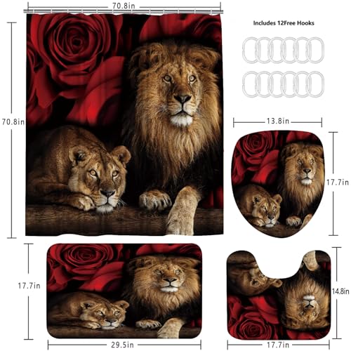 4-Piece Lion and Red Rose Shower Curtain Set with Non-Slip Bath Rugs
